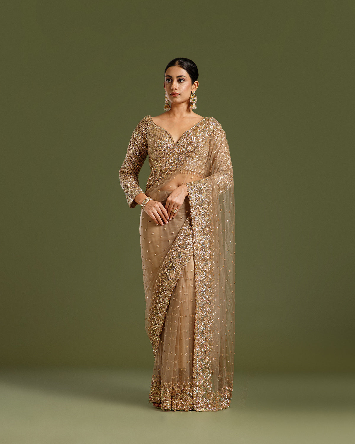 Dusty Brown Net Saree with Beads, Nulki & Sequin Work
