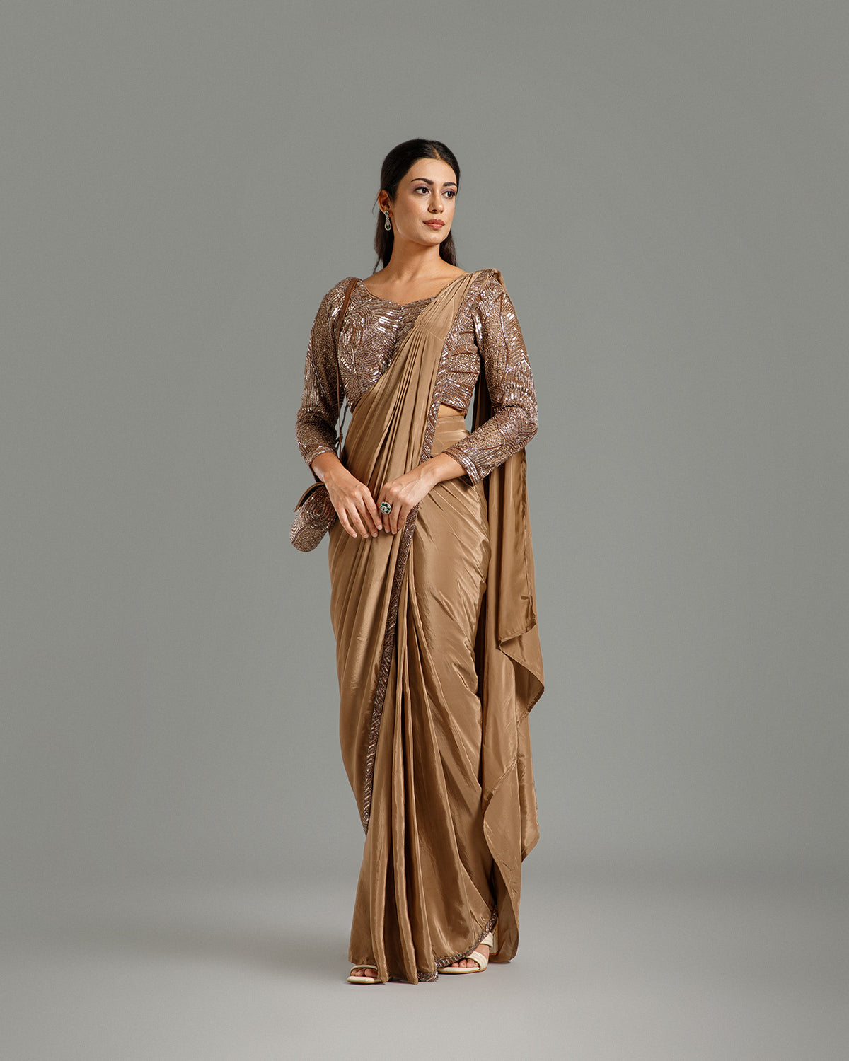 Dusty Gold Satin Lycra Saree with Sequin & Cutdana Work