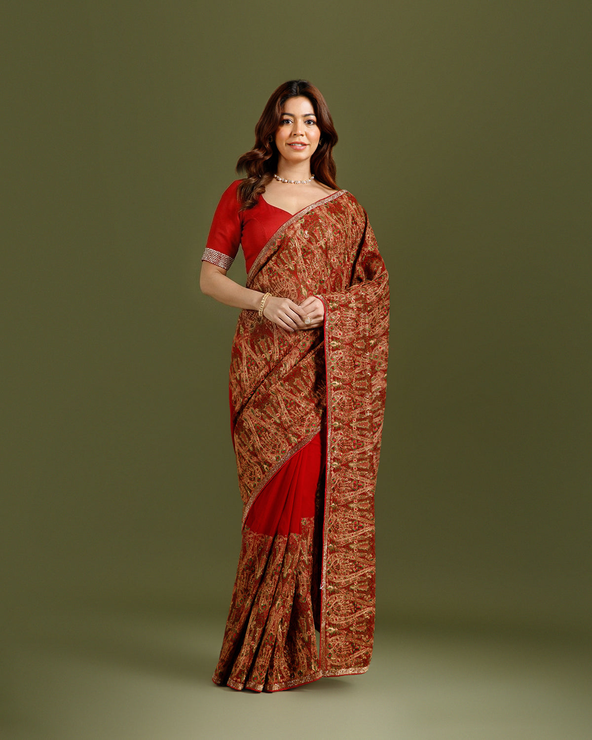 Wine Georgette Saree with Designer Resham & Cutdana Work - House of Surya