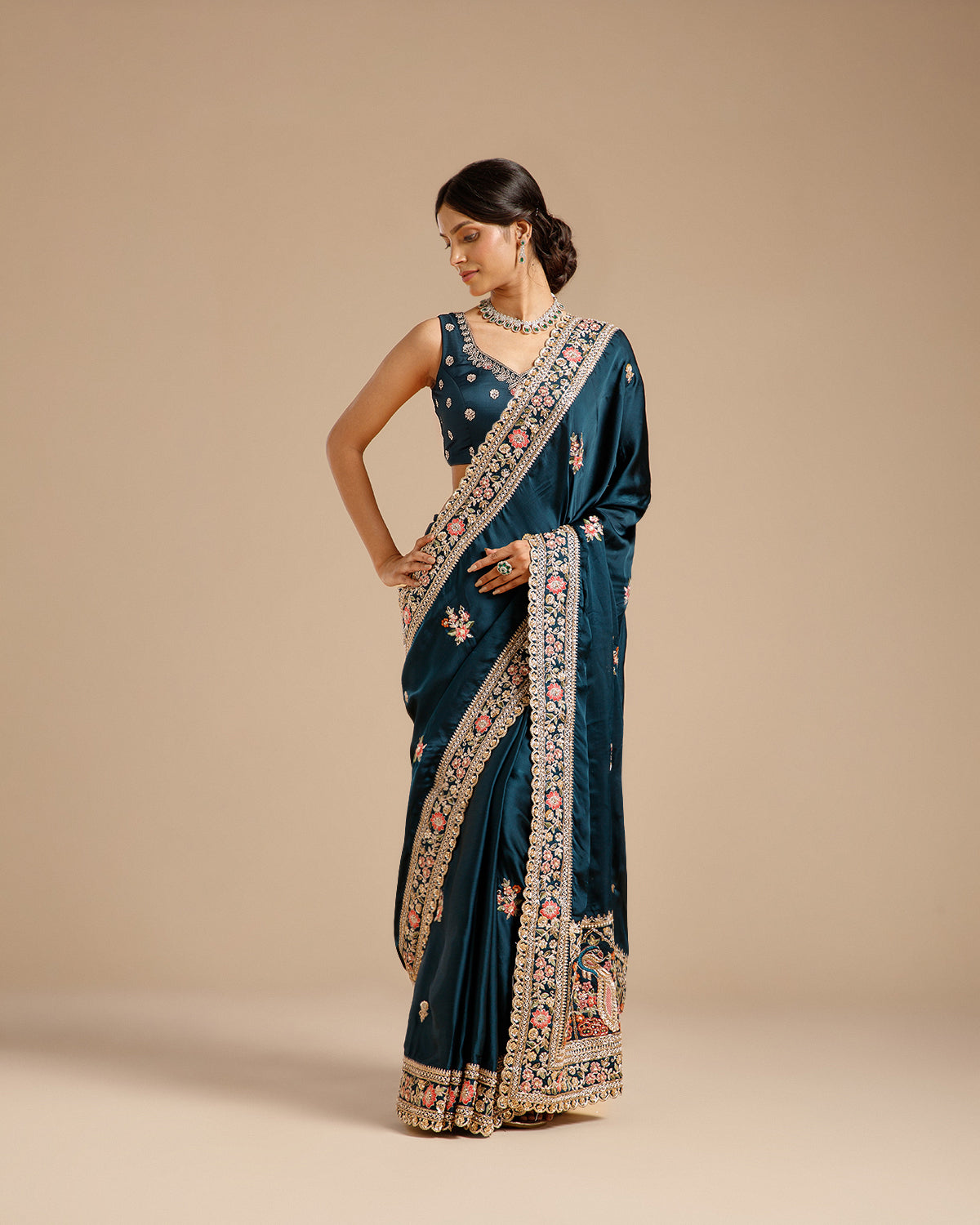 Peacock Blue Satin Organza Saree with Dabka, Sequin, Resham & Zari Work