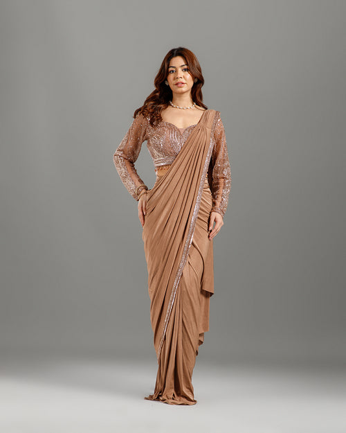 Chikoo Lycra Drape Saree,Ready to Wear Saree - House of Surya