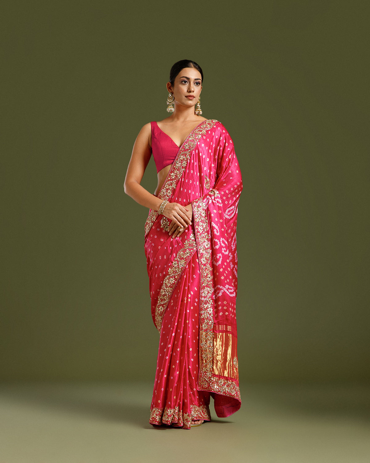 Magenta Pink Satin Crepe Saree with Nulki, Dabka & Gota Patti Work