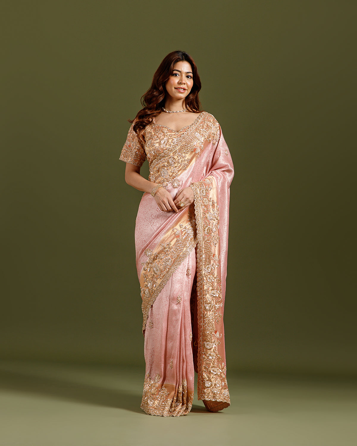 Pink Tissue Banarasi Saree with Sequence & Cutdana Work - House of Surya