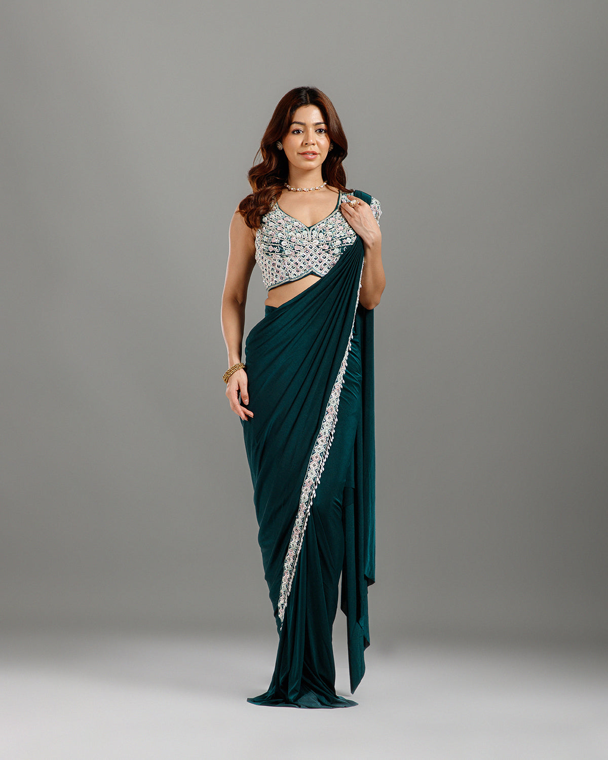 Green Lycra Drape Saree with Hand Work - House of Surya
