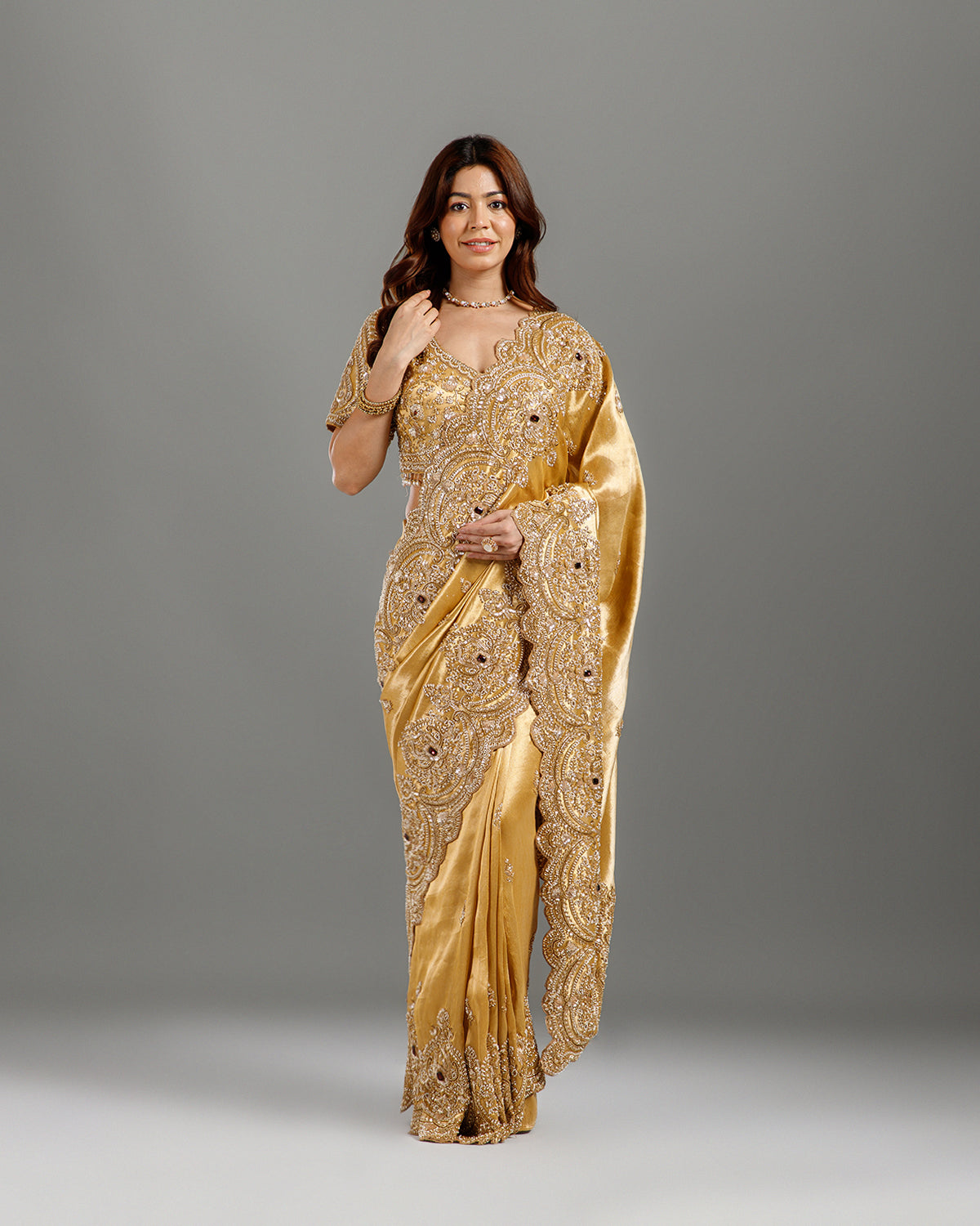 Golden Tissue Georgette Saree with Cutdana & Sequence Work - House of Surya