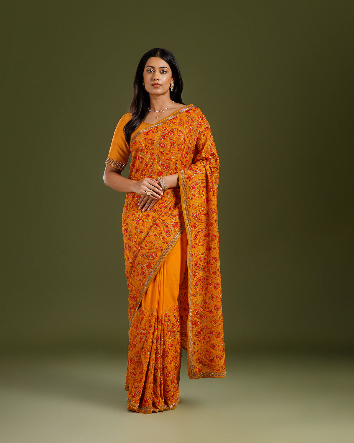 Yellow Georgette Saree with Kashmiri & Cutdana Work - House of Surya