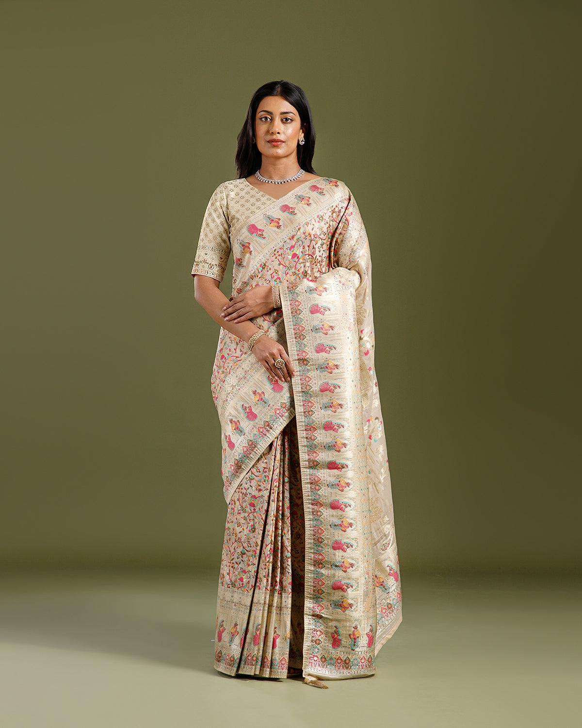 Cream Kani Jamdani Banarasi Saree with Elegant Resham Weave - House of Surya