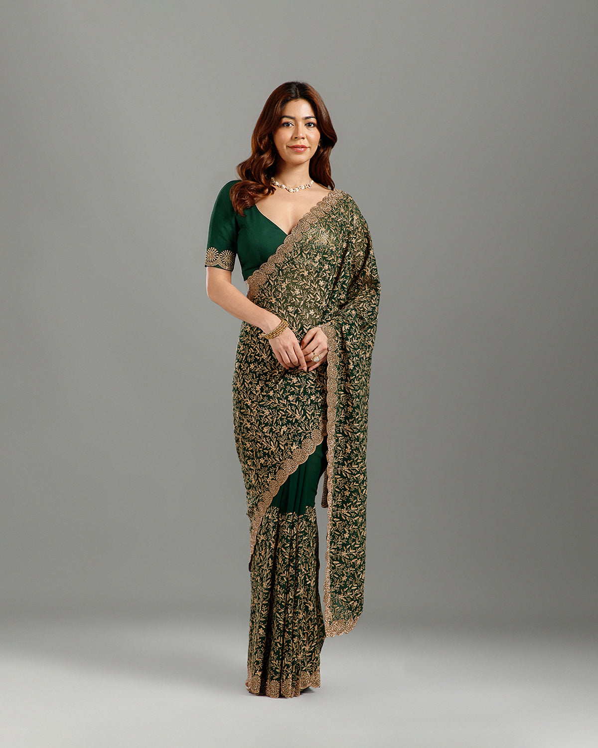 Bottle Green Georgette Saree with Resham & Sequence Work - House of Surya