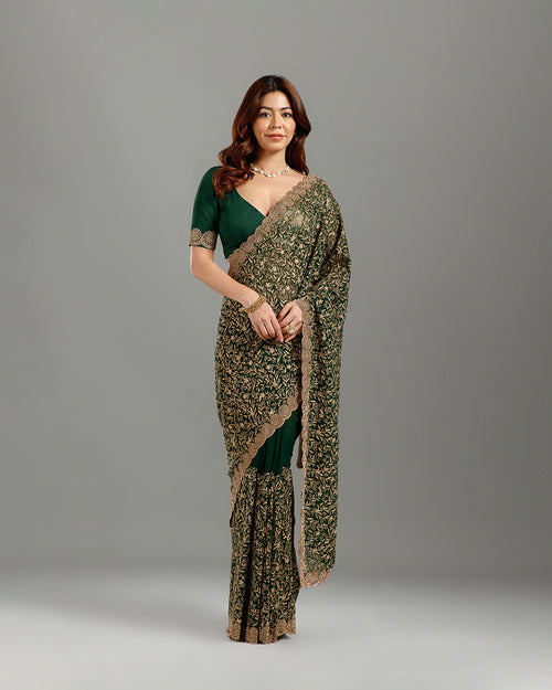 Bottle Green Georgette Saree ,Kashmiri Work Georgette Sarees  - House of Surya