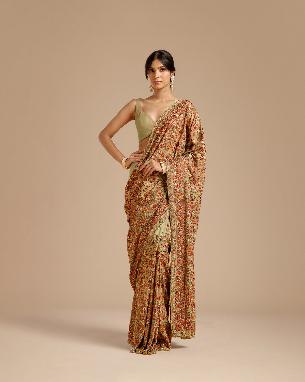 Pista Green Georgette Saree with Resham, Zari, Beads & Cutdana Work