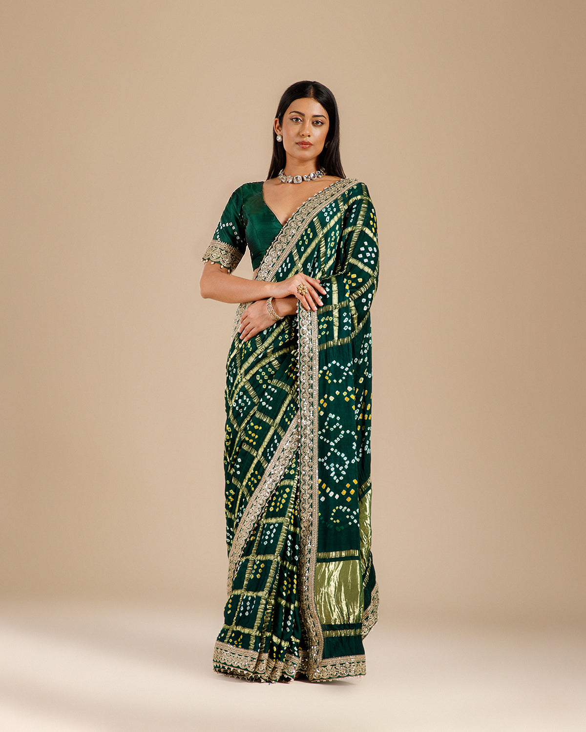Green Satin Gajji Silk Gharchola Saree with Sequence Work - House of Surya