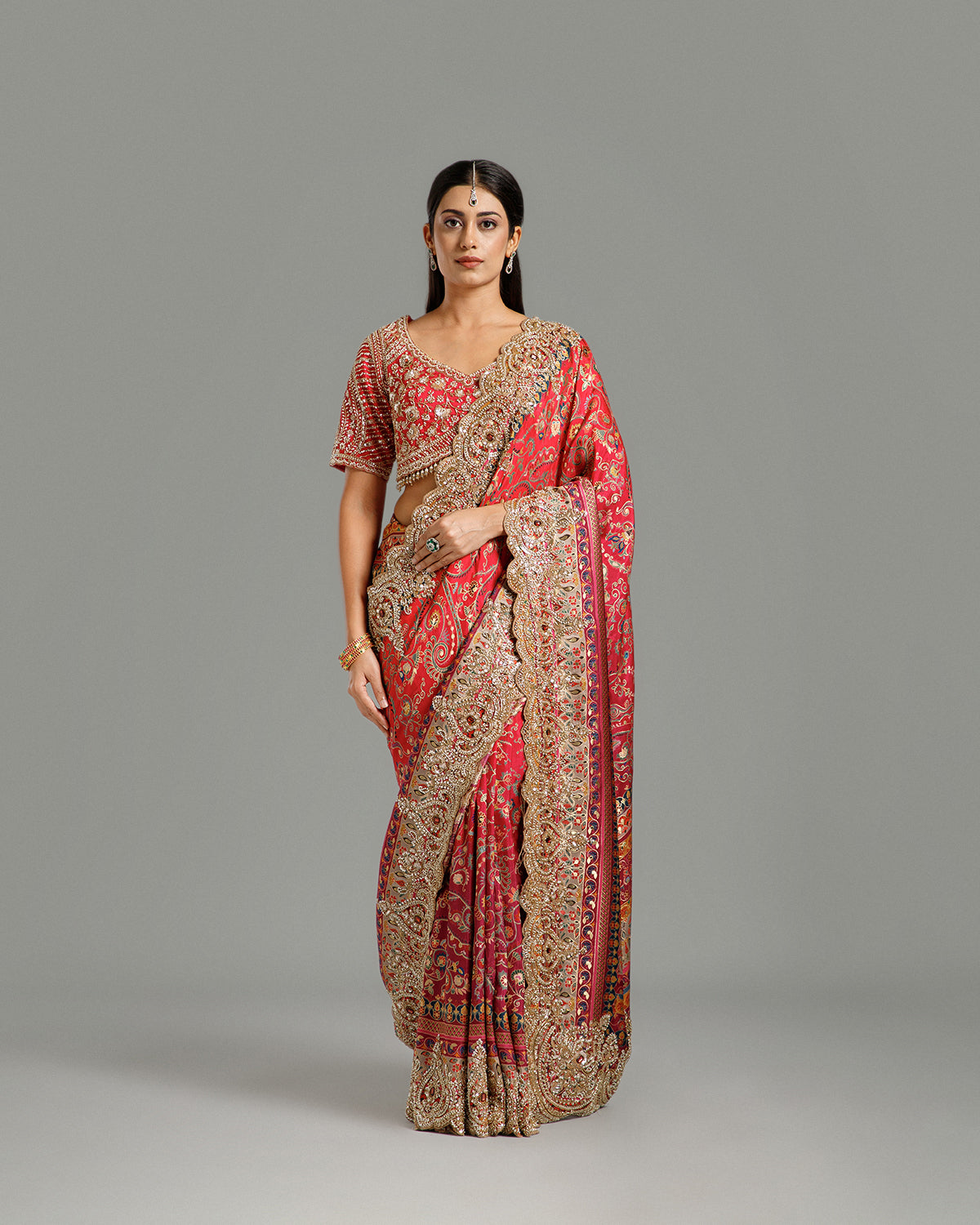 Rani & Purple Dola Silk Saree with Kundan, Zari & Sequin Work