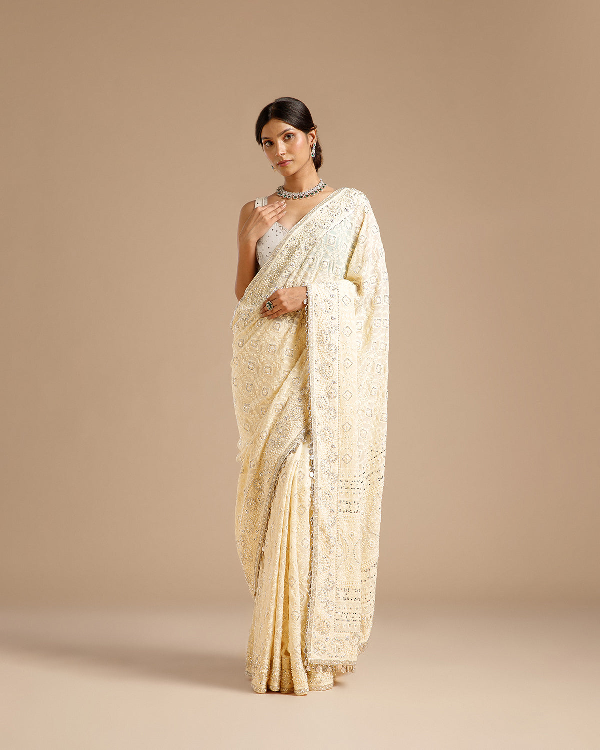 Ivory Georgette Saree with Nulki, Moti, Sequin, Coin & Resham Work - House of Surya