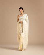 Ivory Georgette Saree with Nulki, Moti, Sequin, Coin & Resham Work - House of Surya