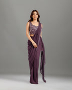 Purple Georgette Drape Saree with Hand Work - House of Surya