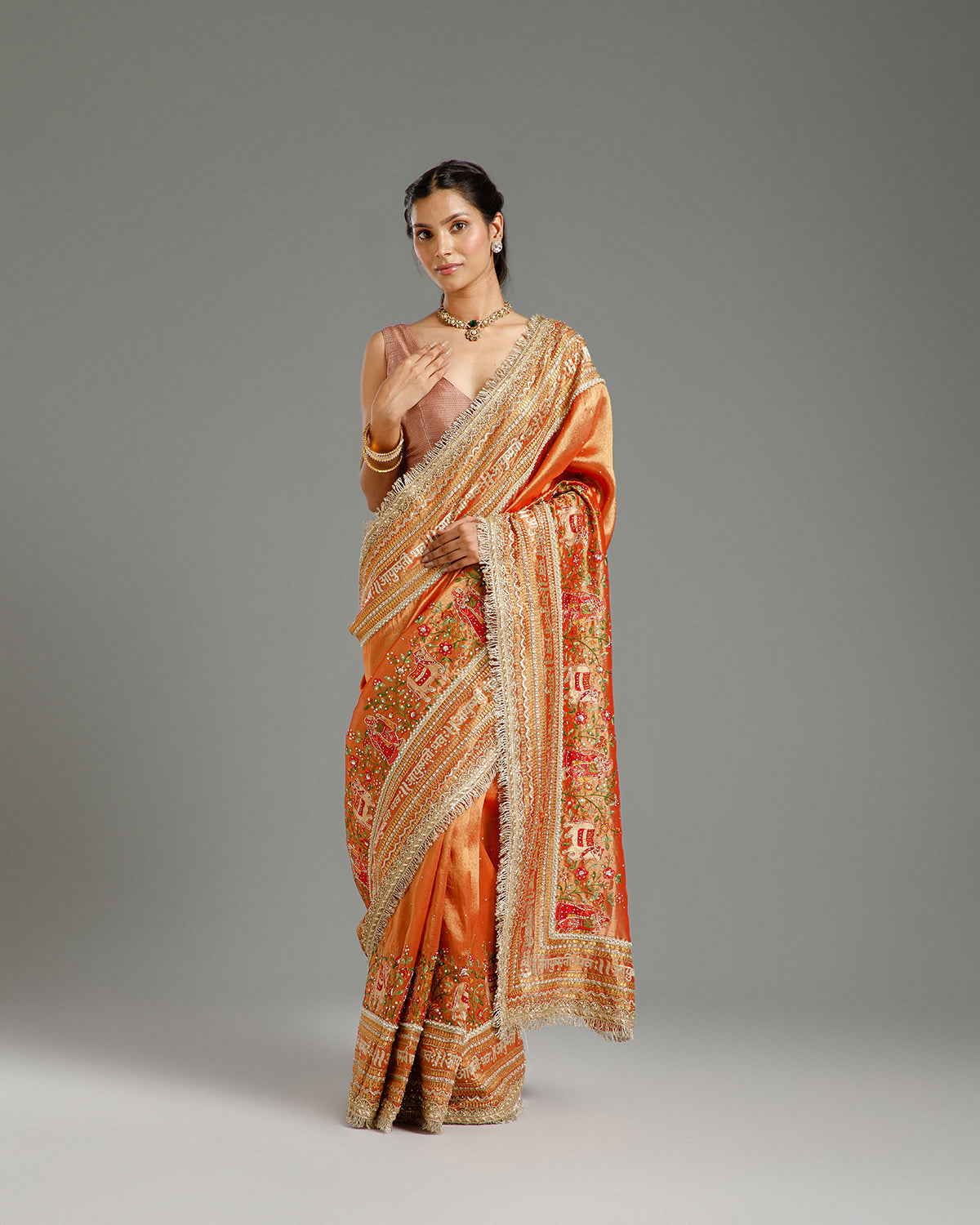 Rust Tissue Organza Saree with Resham, Zari, Dabka, Sequin & Gota Work
