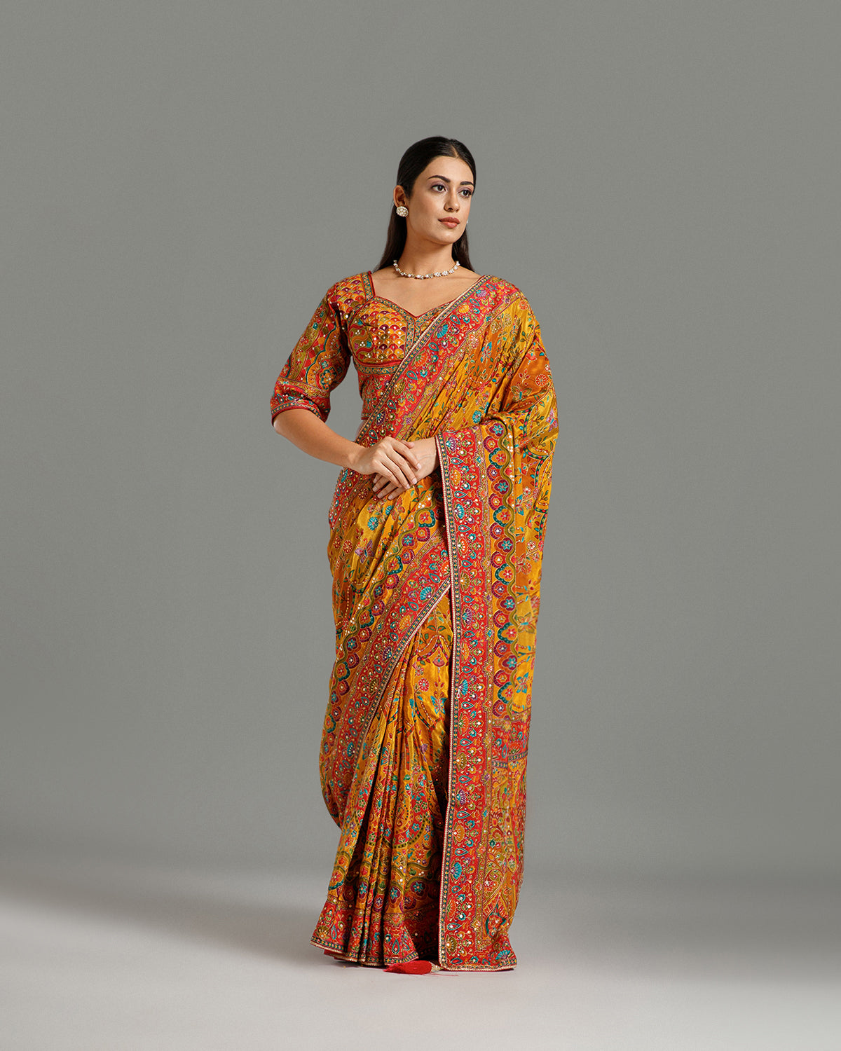 Multi Yellow Crape Silk Saree with Zari & Sequin Work