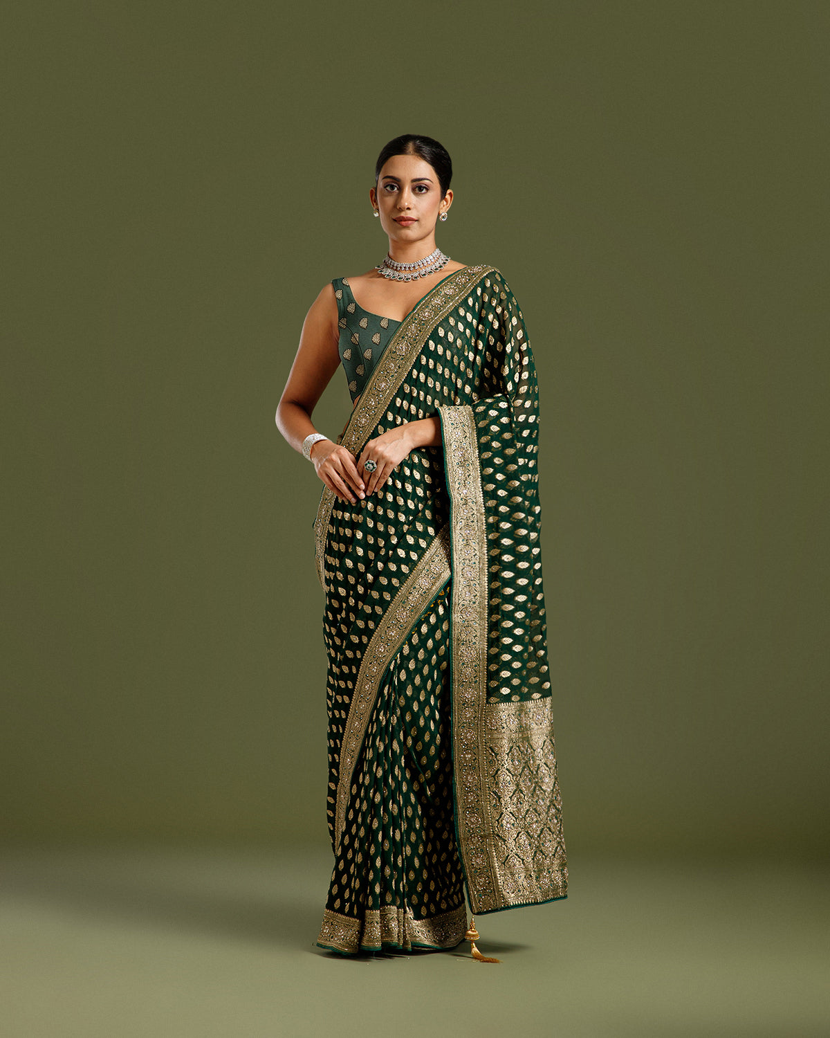Bottle Green Georgette Saree with Dabka, Nulki, Mirror & Kundan Work