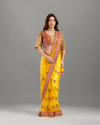 Yellow Net Saree with Sequence, Cutdana & Resham Work - House of Surya
