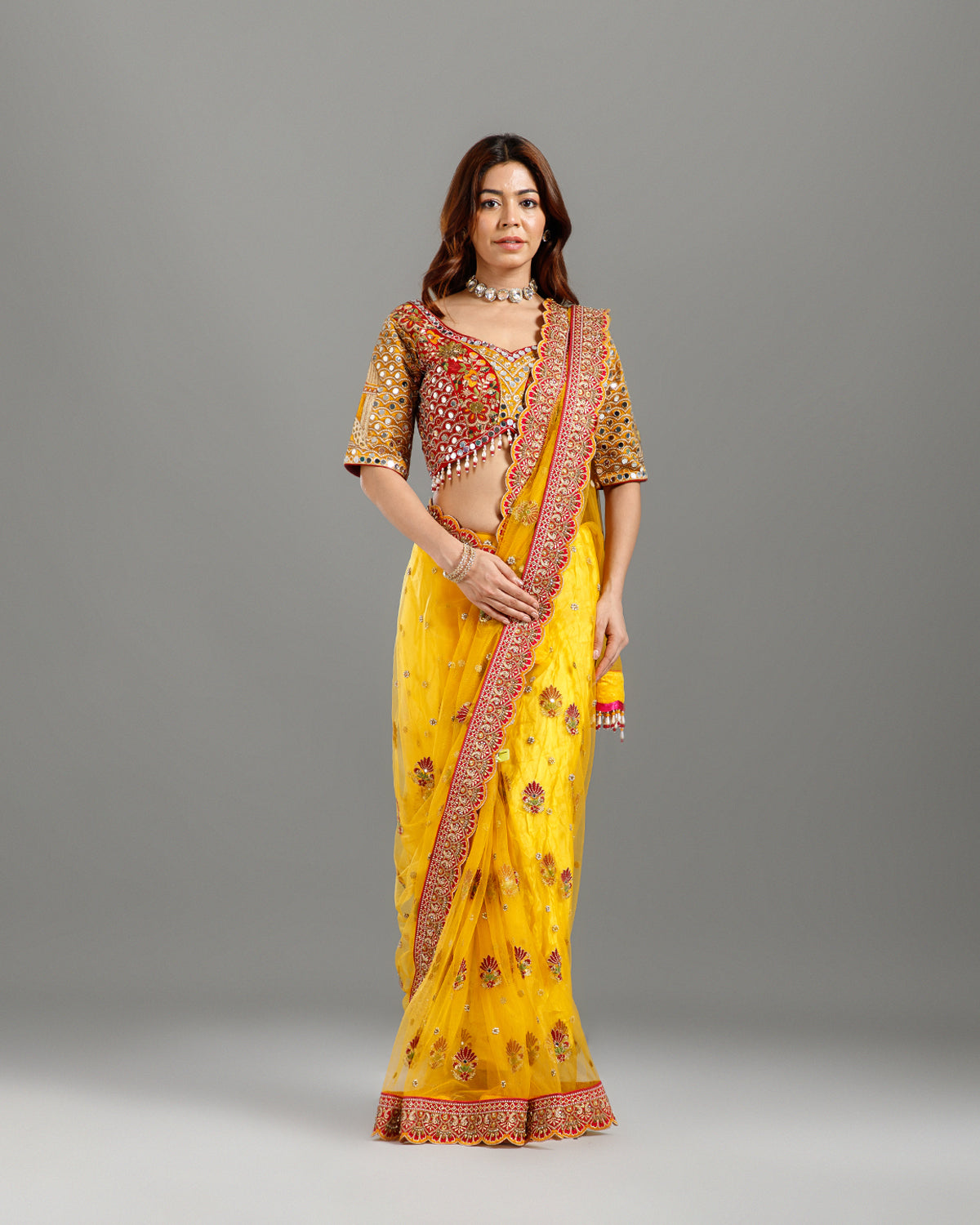 Yellow Net Saree with Sequence, Cutdana & Resham Work - House of Surya