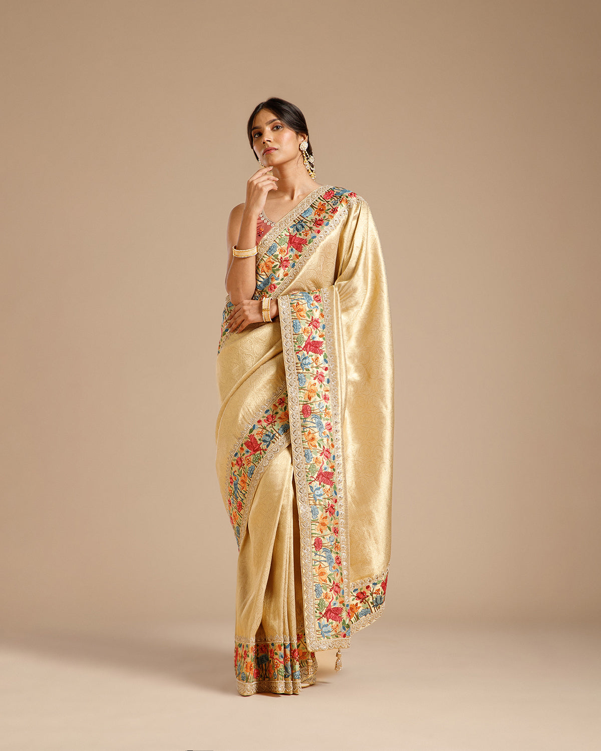 Beige Gold Tissue Silk Saree with Resham, Dori, Pearl & Sequin Work