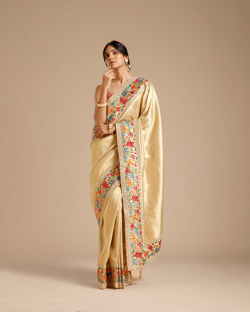Beige Gold Tissue Silk Saree with Resham, Dori, Pearl & Sequin Work