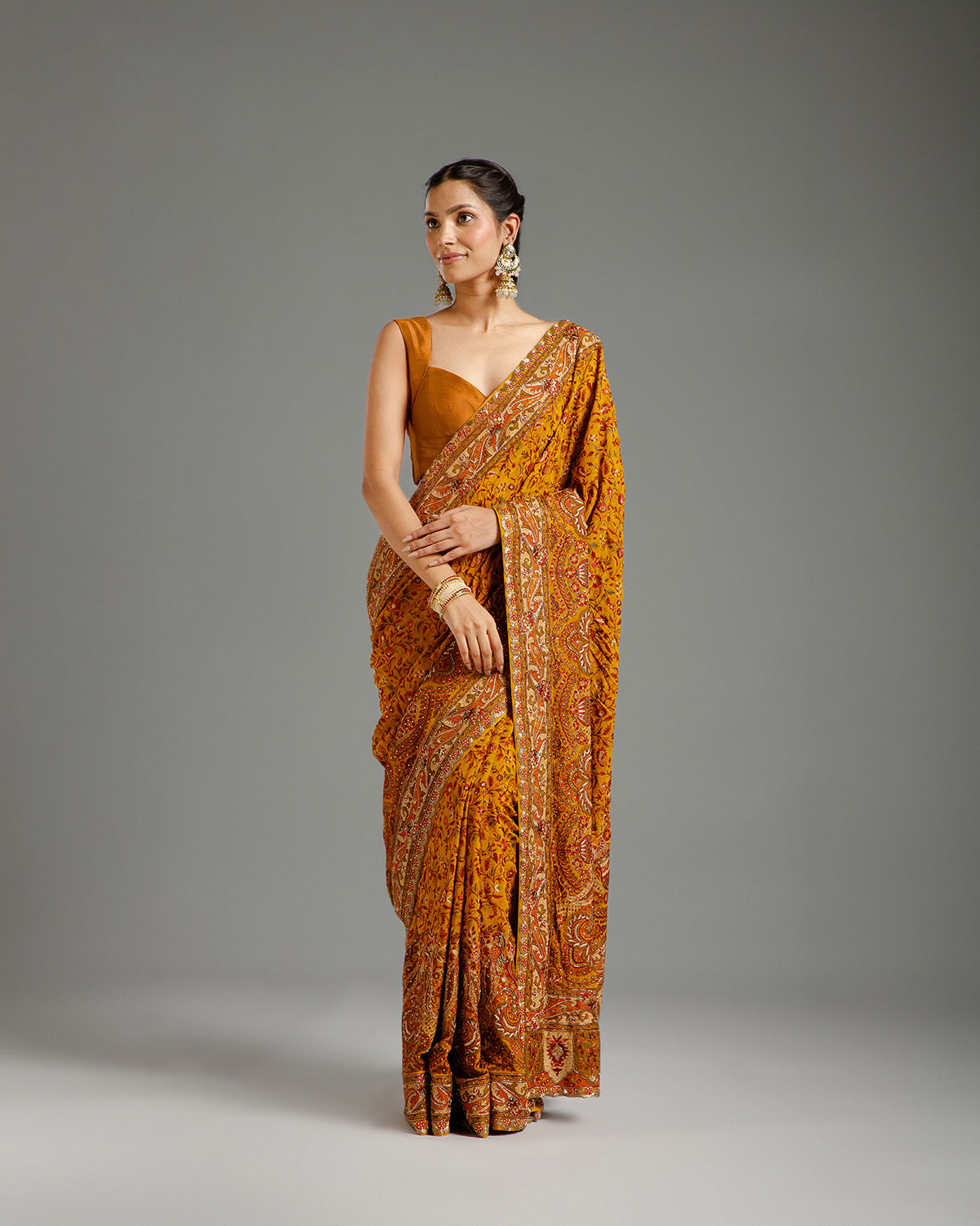 Mustard Georgette Saree with Beads, Dabka & Nulki Work