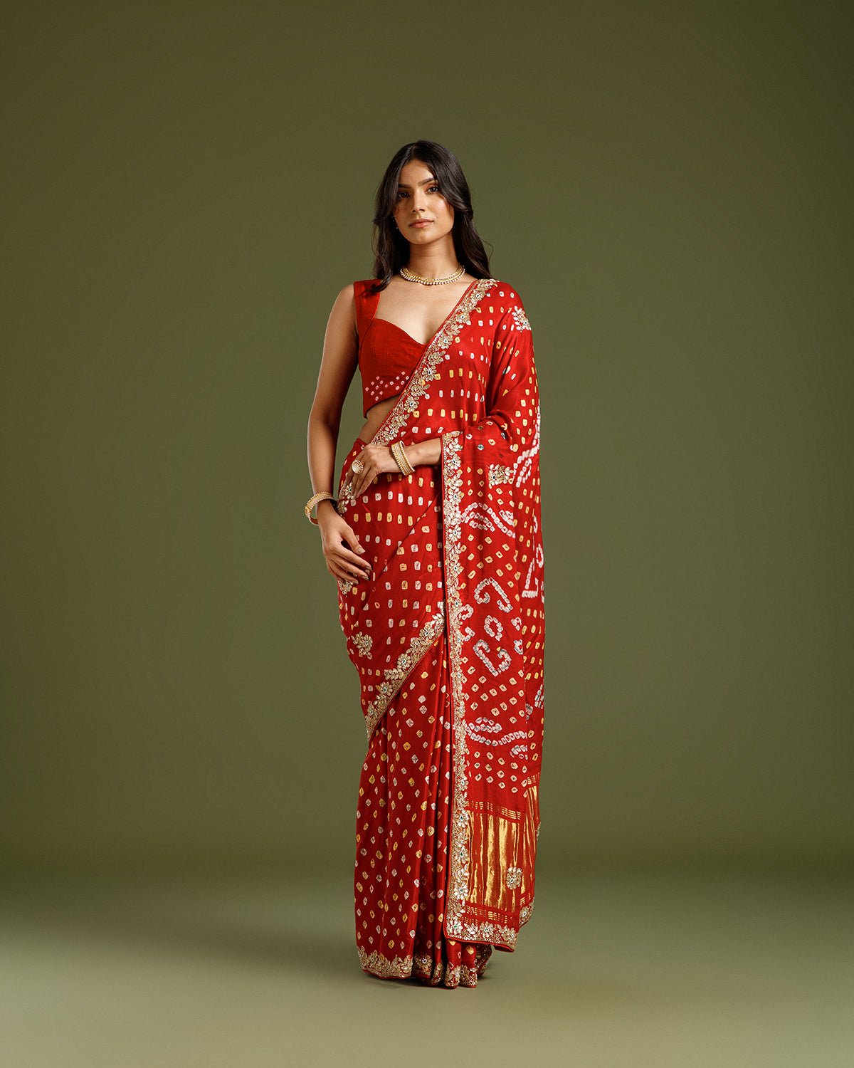 Maroon Satin Crepe Saree with Nulki, Gota Patti, Kundan & Moti Work