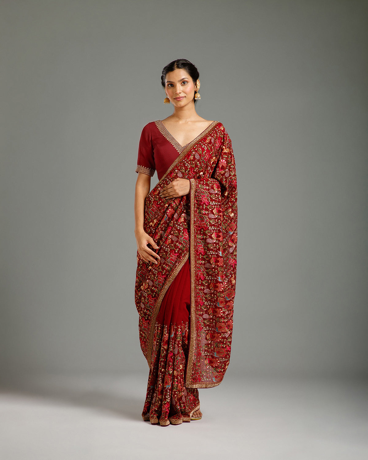 Wine Georgette Saree with Resham & Stone Work
