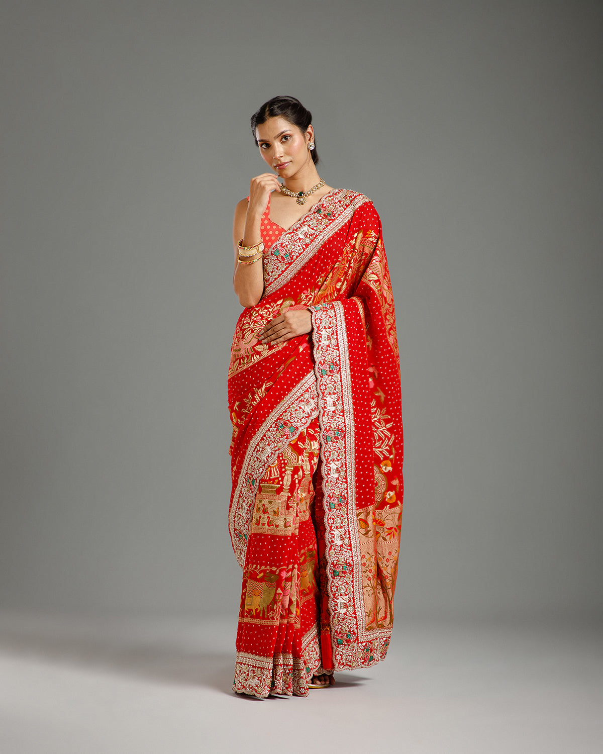 Red Georgette Saree with Dori, Nulki, Resham, Moti & Meenakari Work