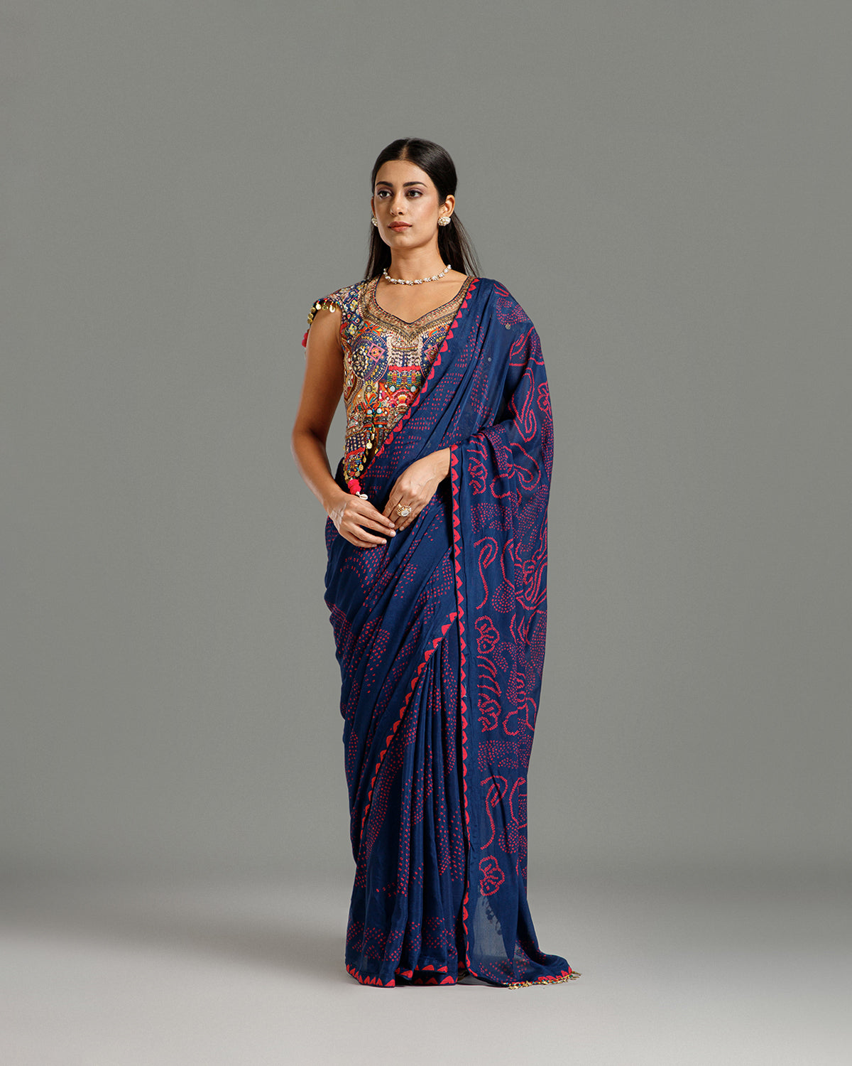 Blue Bandhej Print Chinon Crepe Saree