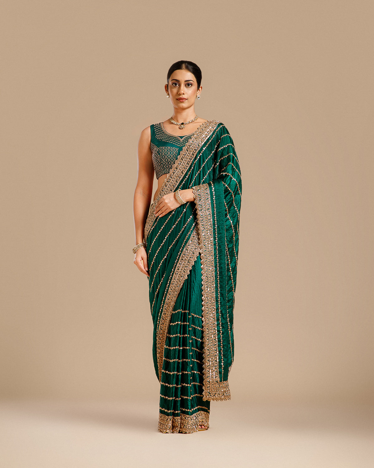Bottle Green Fendy Organza Saree with Beads & Sequin Work