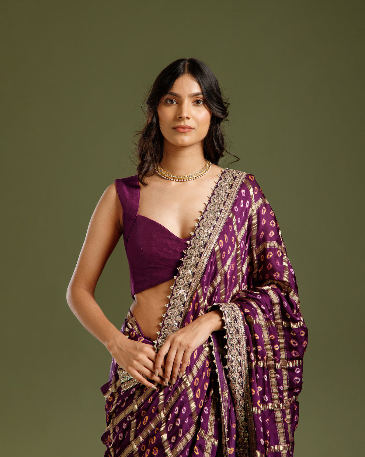 Purple Satin Crepe Saree with Zari & Sequin Work