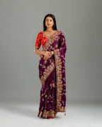 Golden Georgette Saree with Resham, Sequence & Cutdana Work - House of Surya