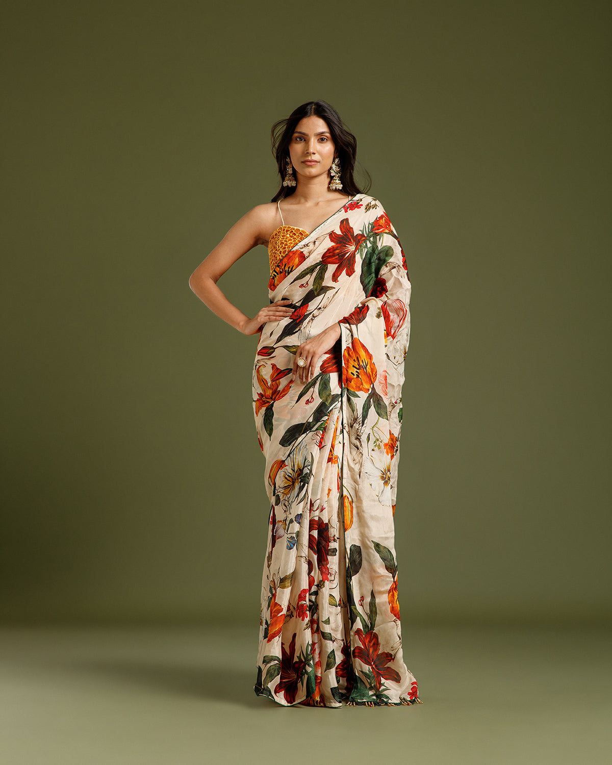 Ivory Multi Chinon Crepe Saree with Beads & Moti Work