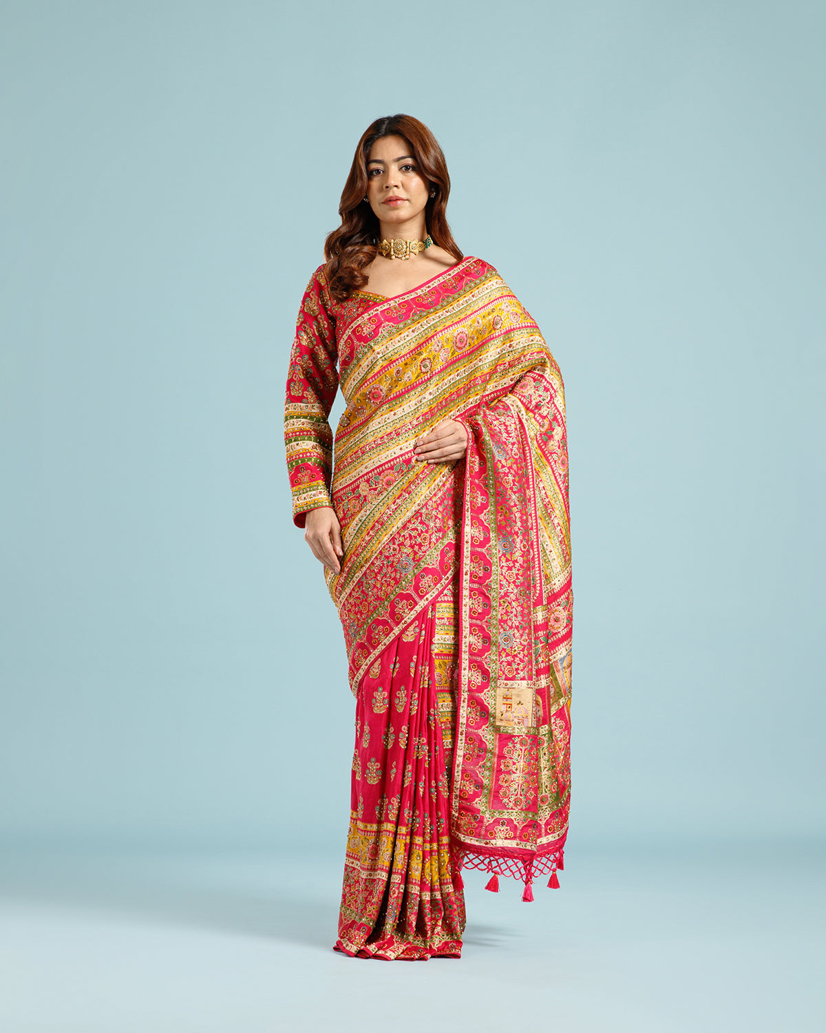 Elegant Mustard Crepe Silk Saree with Colorful Woven Design