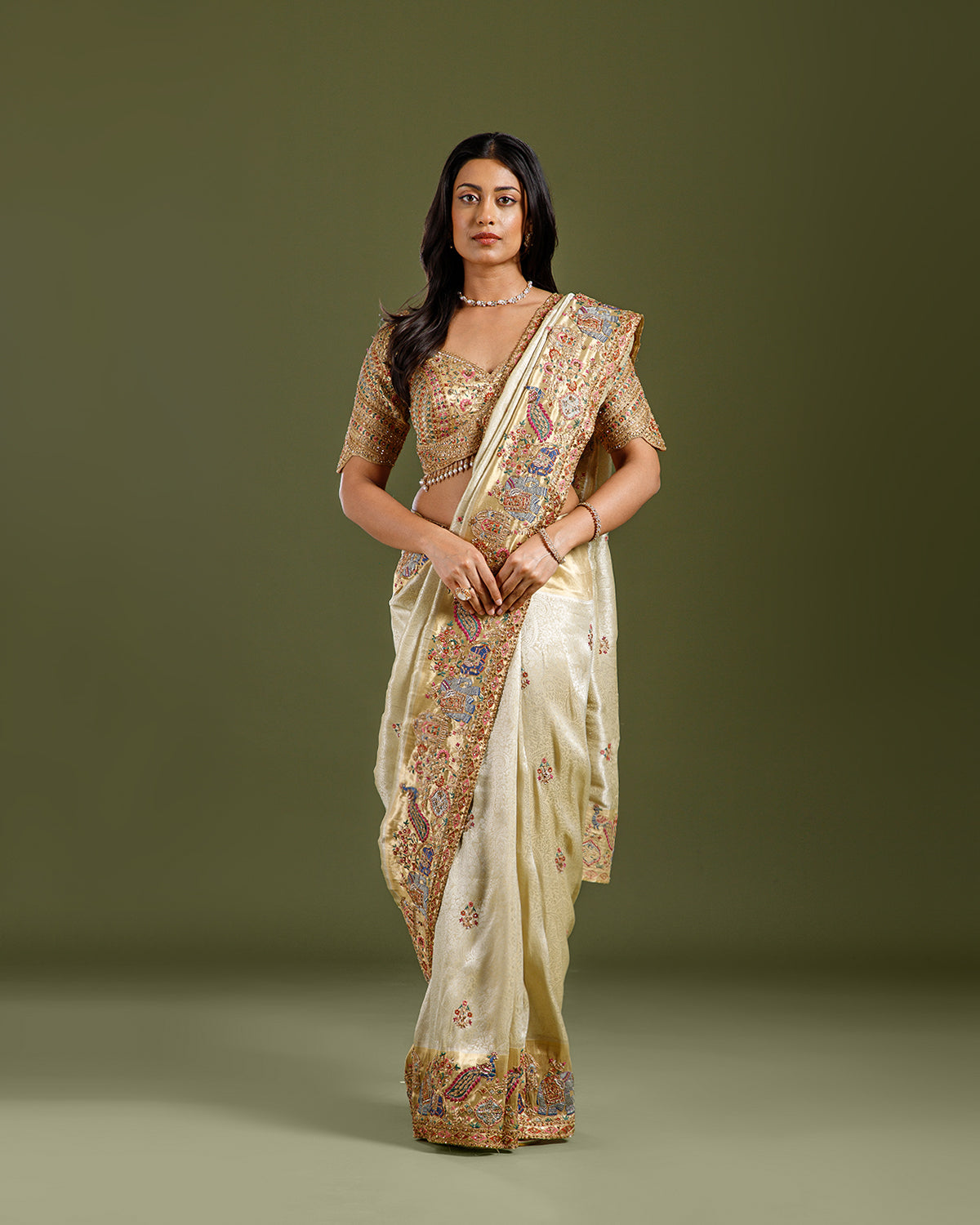 Golden Tissue Weave Saree with Resham, Zardozi, Cutdana & Embroidery Work - House of Surya