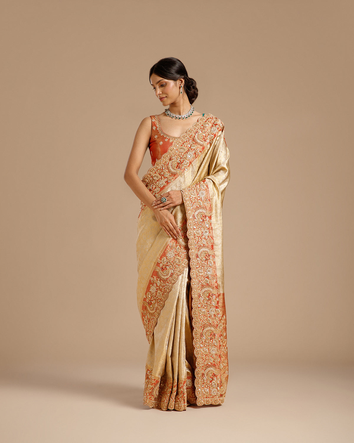 Gold Tissue Silk Saree with Dori, Sequin, Resham & Zari Work