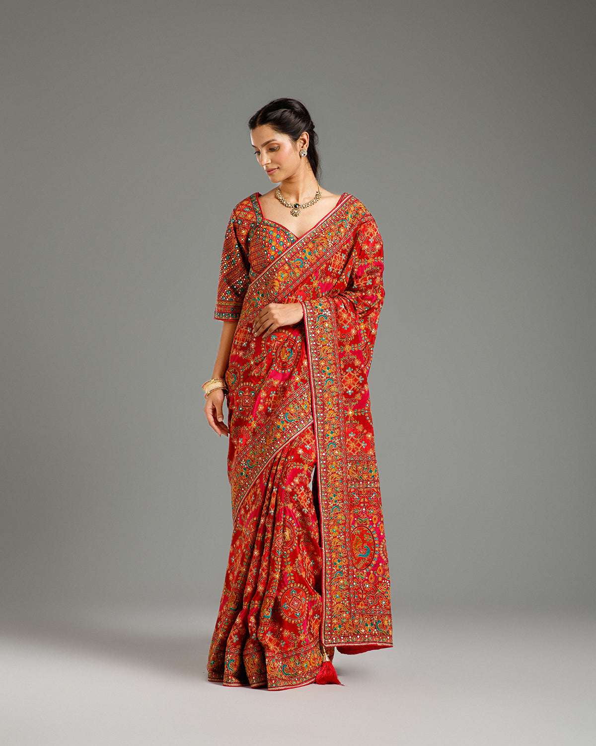 Multi Red Chinon Saree with Resham & Foil Work