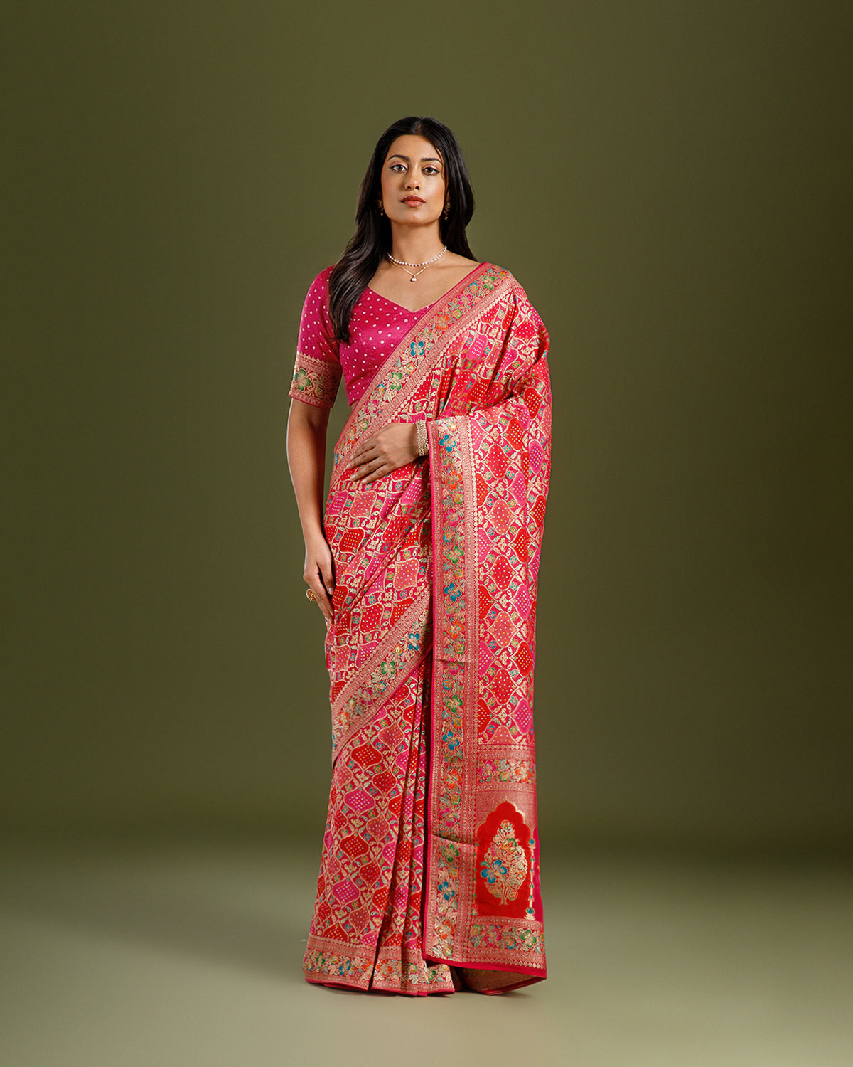 Rani Bandhej Khaddi Georgette Saree with Meenakari Weaving - House of Surya