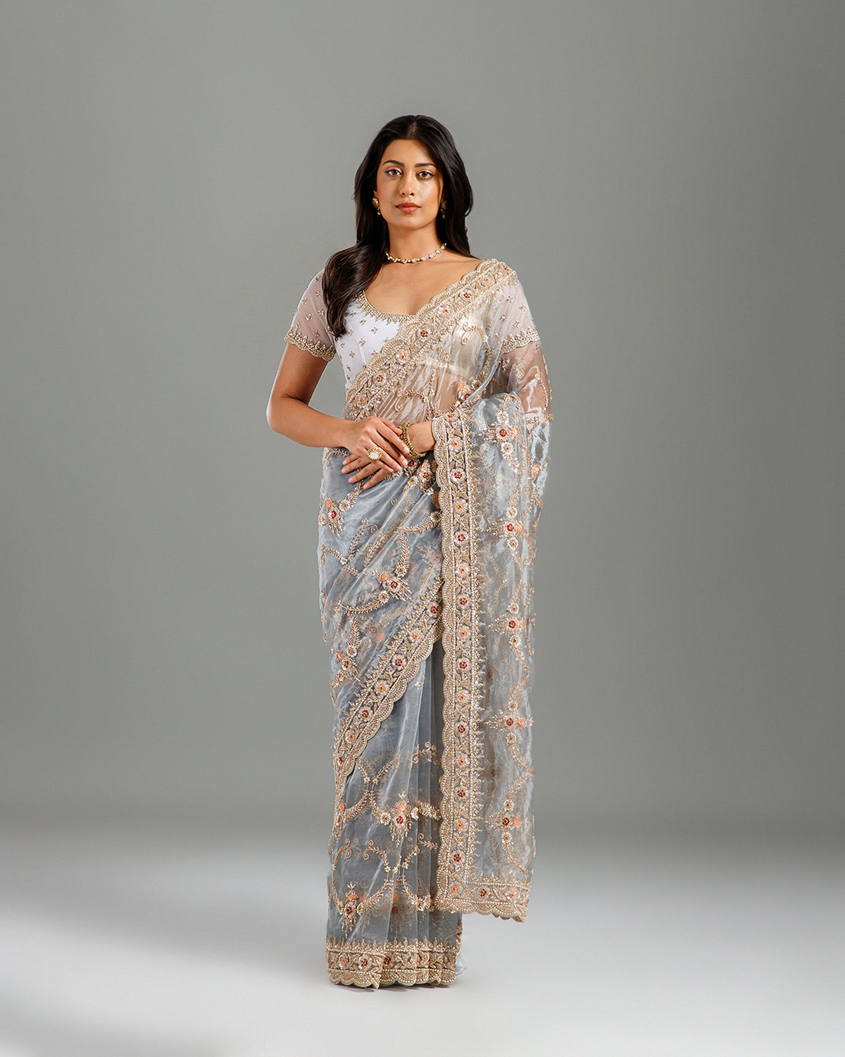  Grey Tissue Organza Saree,Organza Saree with Elegant Beads Work - House of Surya
