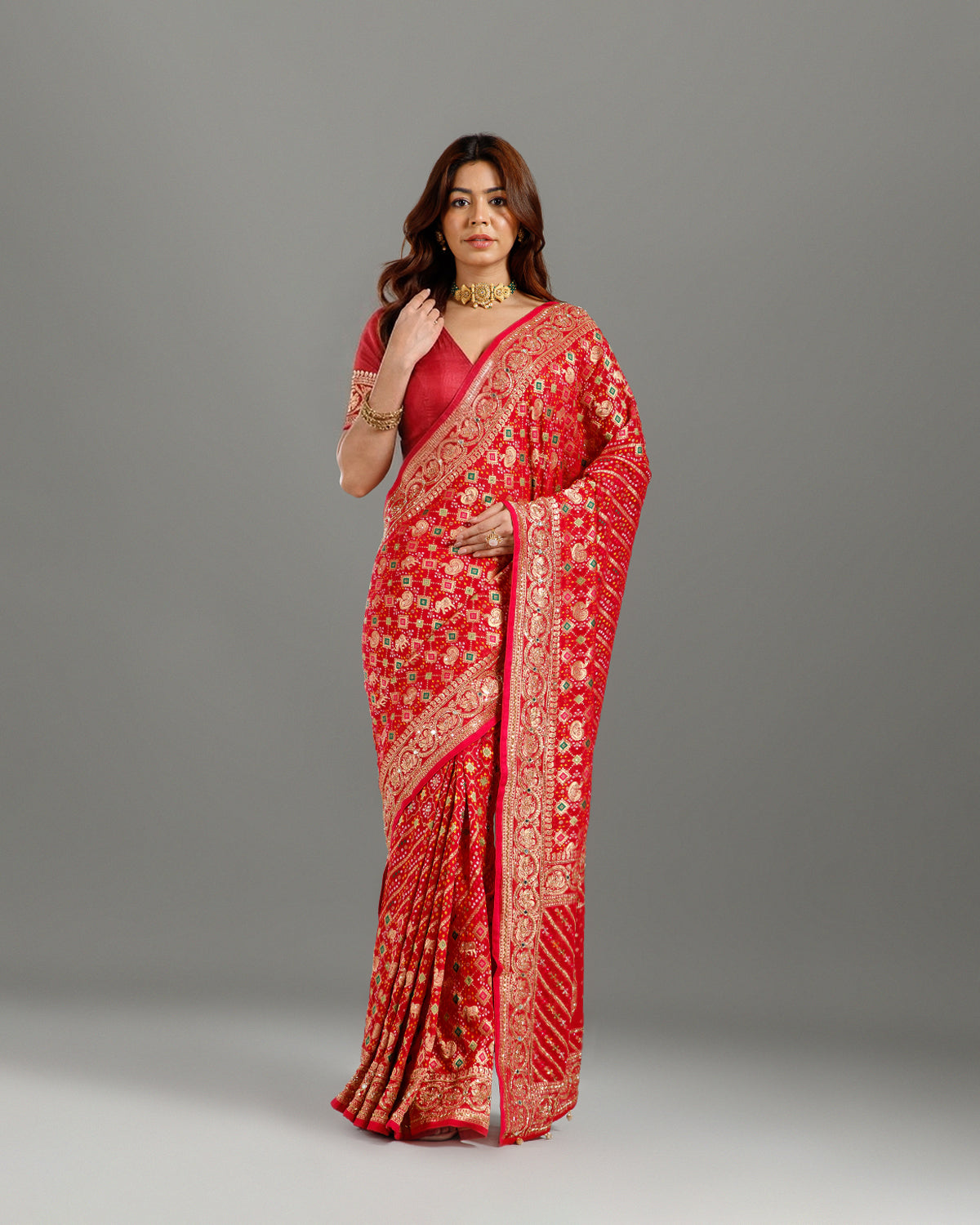 Luxury Rani Bandhej Saree with Sequence & Cutdana Work for Women - House of Surya