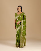 Green Dola Silk Saree with Elegant Resham Bootie Work - House of Surya