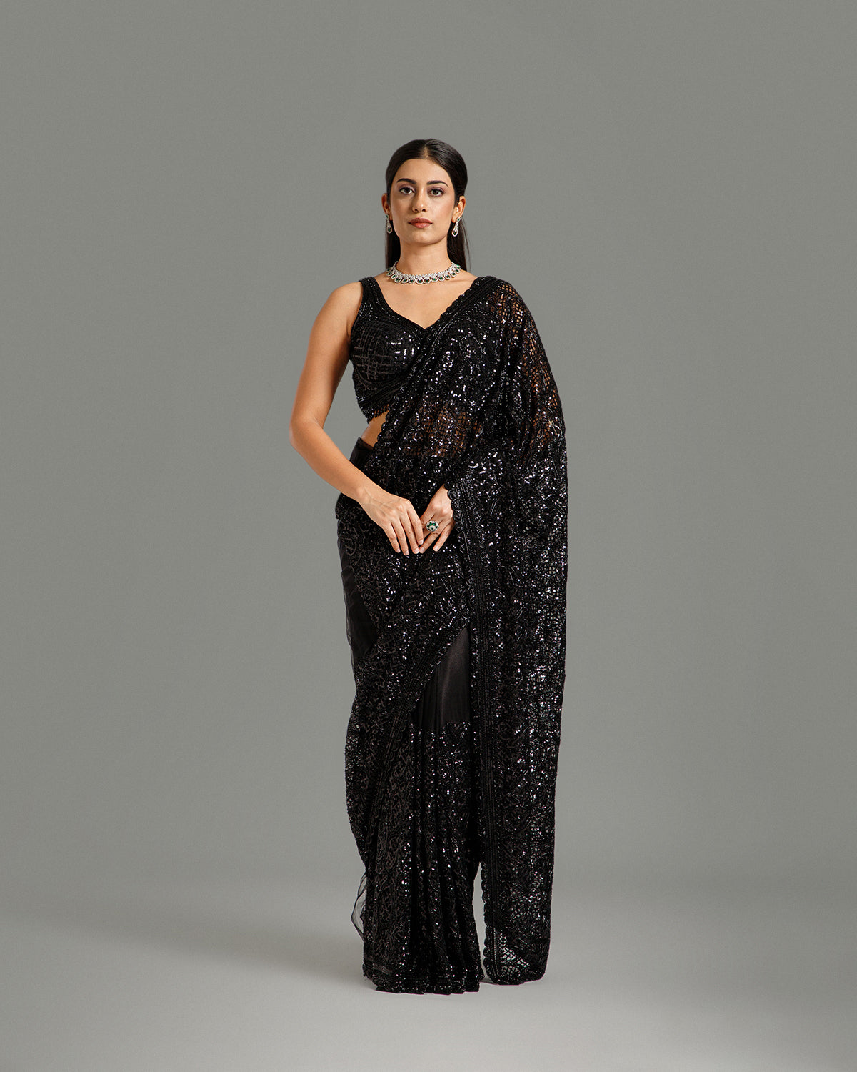 Black Net Saree with Nulki & Sequin Work