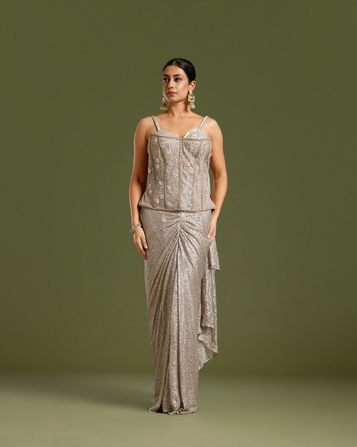 Beige Sandley Drape Saree with Sequin Work - House of Surya