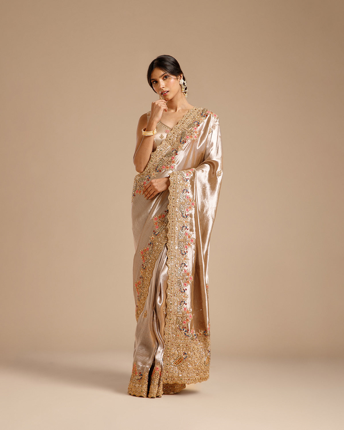 Mouse Color Tissue Silk Saree with Dori, Sequin, Nulki, Resham & Kundan Work