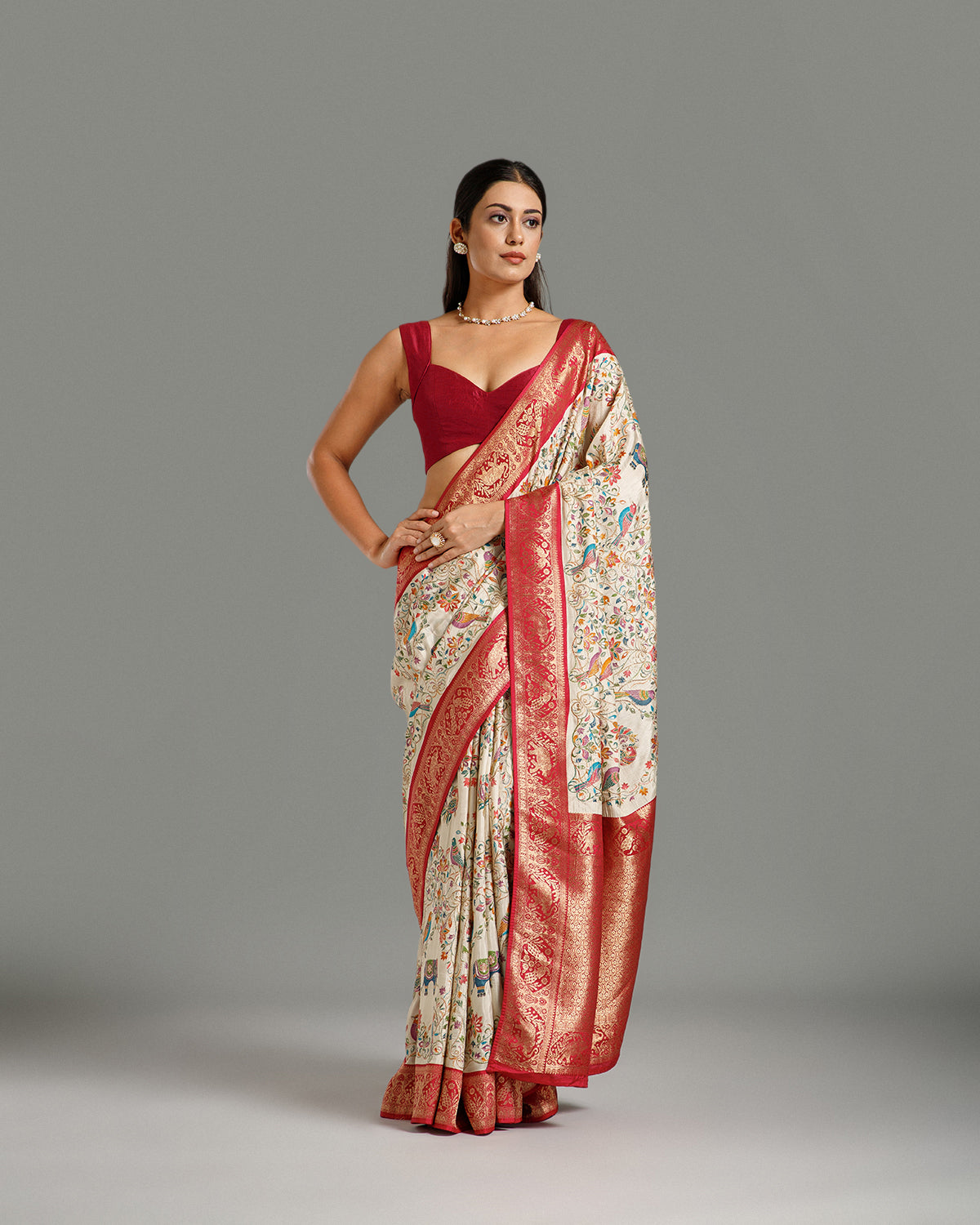 Off White Dola Silk Saree with Zari & Sequin Work