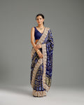 Navy Blue Satin Crepe Saree with Beads, Nulki, Zari, Moti, Kundan & Sequin Work