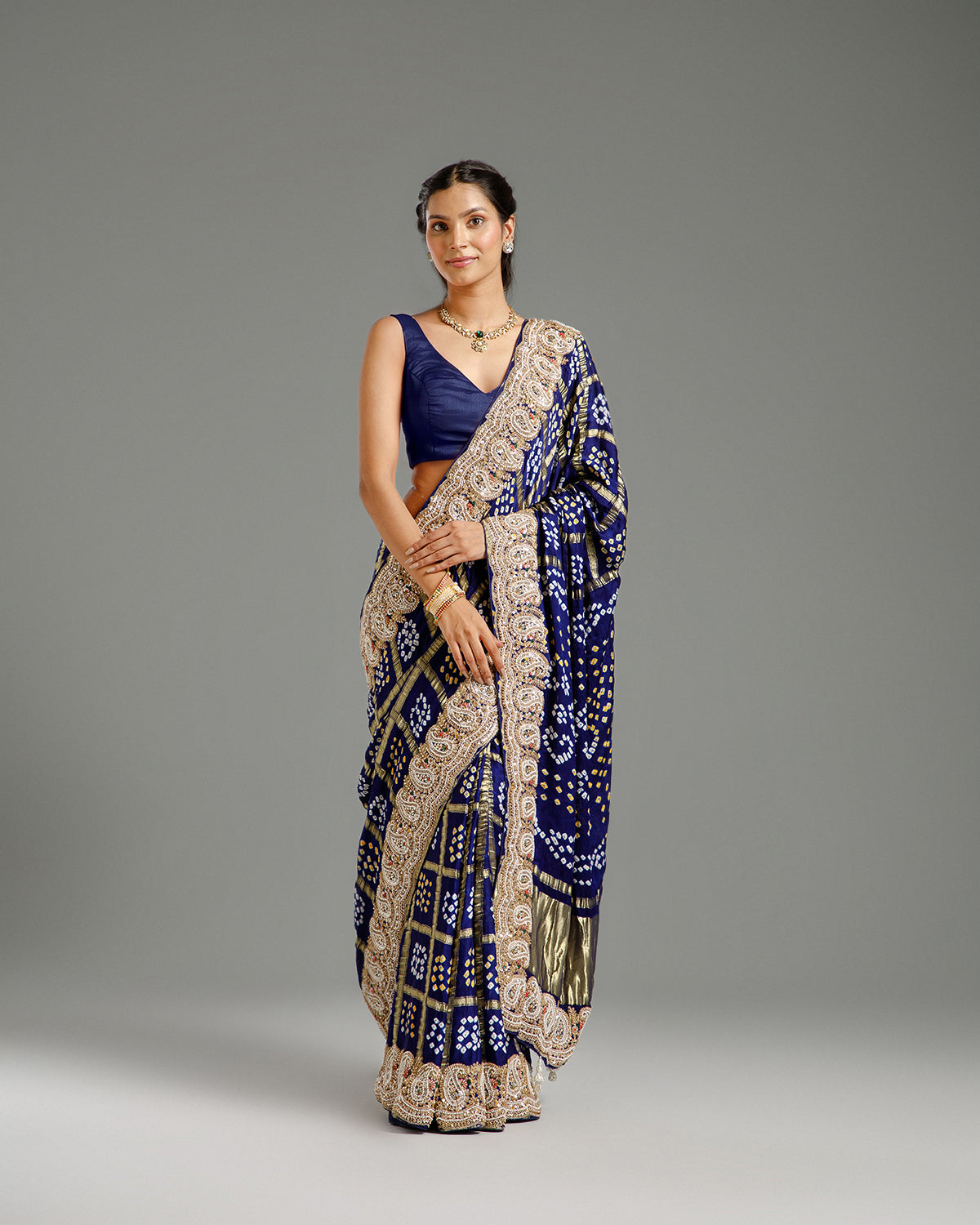 Navy Blue Satin Crepe Saree with Beads, Nulki, Zari, Moti, Kundan & Sequin Work