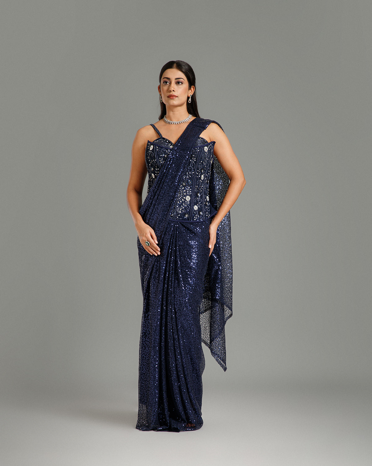Navy Blue Sandley Saree with Sequin Work
